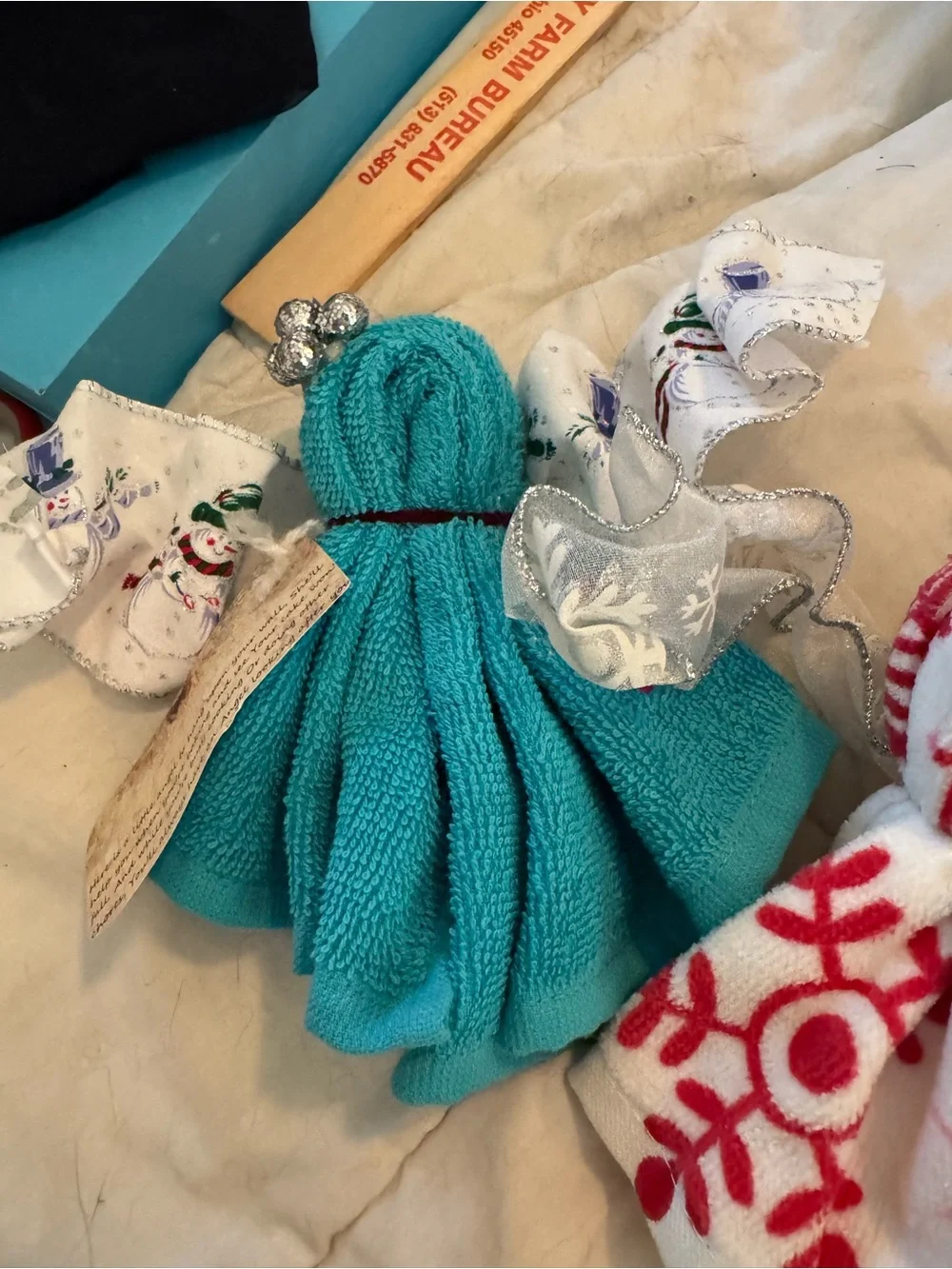 Handmade Holiday wash cloth angels - Teal, Red, White
